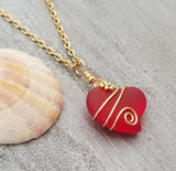 Handmade in Hawaii, Gold tone Wire wrapped Ruby Red Heart sea glass necklace, Hawaiian  jewelry