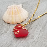 Handmade in Hawaii, Gold tone Wire wrapped Ruby Red Heart sea glass necklace, Hawaiian  jewelry