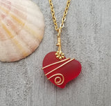 Handmade in Hawaii, Gold tone Wire wrapped Ruby Red Heart sea glass necklace, Hawaiian  jewelry