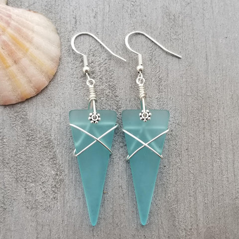 Hawaiian Jewelry Sea Glass Earrings, Wire Wrapped Arrowhead Earrings Turquoise Blue Earrings, Beach Birthday Gift (December Birthstone)