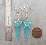 Hawaiian Jewelry Sea Glass Earrings, Wire Wrapped Arrowhead Earrings Turquoise Blue Earrings, Beach Birthday Gift (December Birthstone)