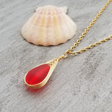 Hawaiian Jewelry Sea Glass Necklace, Gold Braided Ruby Red Necklace, Beach Jewelry Birthday Gift