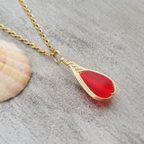 Hawaiian Jewelry Sea Glass Necklace, Gold Braided Ruby Red Necklace, Beach Jewelry Birthday Gift