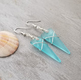 Hawaiian Jewelry Sea Glass Earrings, Wire Wrapped Arrowhead Earrings Turquoise Blue Earrings, Beach Birthday Gift (December Birthstone)