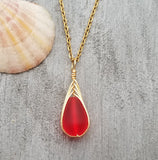 Hawaiian Jewelry Sea Glass Necklace, Gold Braided Ruby Red Necklace, Beach Jewelry Birthday Gift