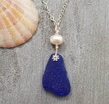 Hawaiian Jewelry Sea Glass Necklace, Cobalt Necklace Natural Pearl Necklace, Genuine Surf Tumbled Sea Glass Jewelry