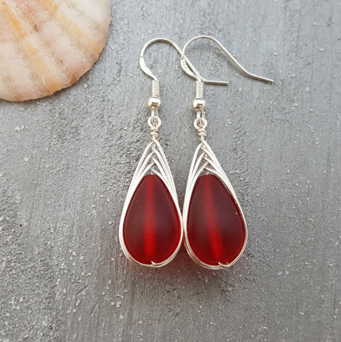 Hawaiian Jewelry Sea Glass Earrings, Braide Ruby Earrings Red Earrings Teardrop Earrings, Sea Glass Jewelry Birthday Gift (July Birthstone)