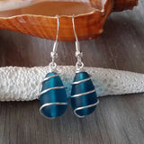 Hawaiian Jewelry Sea Glass Earrings, Wire Coiled Teal Earrings Teardrop Earrings, Beach Jewelry For Women, Unique Earrings Sea Glass Jewelry