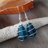 Hawaiian Jewelry Sea Glass Earrings, Wire Coiled Teal Earrings Teardrop Earrings, Beach Jewelry For Women, Unique Earrings Sea Glass Jewelry