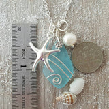 Hawaiian Jewelry Sea Glass Necklace, Wire Turquoise Necklace Blue Necklace, Pearl Starfish Necklace, Sea Glass Jewelry (December Birthstone)