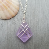 Hawaiian Jewelry Sea Glass Necklace, Wire Cross Necklace "Magical Color Changing" Purple Necklace, Unique Beach Jewelry(February Birthstone)