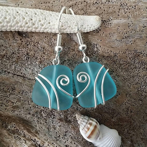 Hawaiian Jewelry Sea Glass Earrings, Wire Wrapped Turquoise Blue Earrings, Sea Glass Jewelry Birthday Gift (December Birthstone Jewelry)