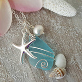 Hawaiian Jewelry Sea Glass Necklace, Wire Turquoise Necklace Blue Necklace, Pearl Starfish Necklace, Sea Glass Jewelry (December Birthstone)