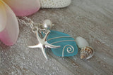 Hawaiian Jewelry Sea Glass Necklace, Wire Turquoise Necklace Blue Necklace, Pearl Starfish Necklace, Sea Glass Jewelry (December Birthstone)