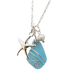 Hawaiian Jewelry Sea Glass Necklace, Wire Turquoise Necklace Blue Necklace, Pearl Starfish Necklace, Sea Glass Jewelry (December Birthstone)