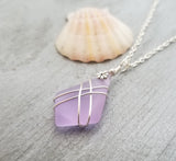 Hawaiian Jewelry Sea Glass Necklace, Wire Cross Necklace "Magical Color Changing" Purple Necklace, Unique Beach Jewelry(February Birthstone)