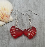 Hawaiian Jewelry Sea Glass Earrings, Wire Twin Heart Earrings Red Earrings, Beach Jewelry (January Birthstone Jewelry)