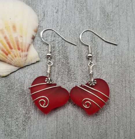 Hawaiian Jewelry Sea Glass Earrings, Wire Twin Heart Earrings Red Earrings, Beach Jewelry (January Birthstone Jewelry)