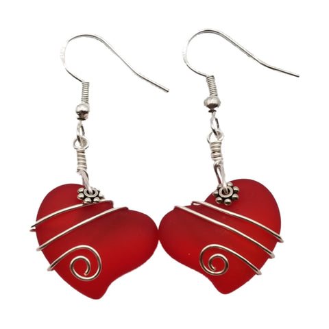 Hawaiian Jewelry Sea Glass Earrings, Wire Twin Heart Earrings Ruby Red Earrings, Beach Jewelry (July Birthstone Jewelry)