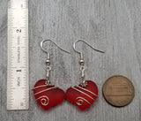Hawaiian Jewelry Sea Glass Earrings, Wire Twin Heart Earrings Ruby Red Earrings, Beach Jewelry (July Birthstone Jewelry)