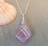 Hawaiian Jewelry Sea Glass Necklace, Wire Cross Necklace "Magical Color Changing" Purple Necklace, Unique Beach Jewelry(February Birthstone)