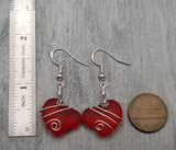 Hawaiian Jewelry Sea Glass Earrings, Wire Twin Heart Earrings Red Earrings, Beach Jewelry (January Birthstone Jewelry)