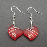 Hawaiian Jewelry Sea Glass Earrings, Wire Twin Heart Earrings Red Earrings, Beach Jewelry (January Birthstone Jewelry)