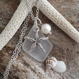 Hawaiian Jewelry Sea Glass Necklace, Crystal Necklace Starfish Necklace Pearl Necklace, Sea Glass Jewelry Birthday Gift (April Birthstone)