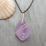 Hawaiian Jewelry Sea Glass Necklace, Wire "Magical Color Changing" Purple Necklace Leather Cord Necklace, Beach Jewelry(February Birthstone)