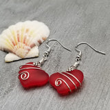 Hawaiian Jewelry Sea Glass Earrings, Wire Twin Heart Earrings Ruby Red Earrings, Beach Jewelry (July Birthstone Jewelry)