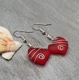 Hawaiian Jewelry Sea Glass Earrings, Wire Twin Heart Earrings Red Earrings, Beach Jewelry (January Birthstone Jewelry)