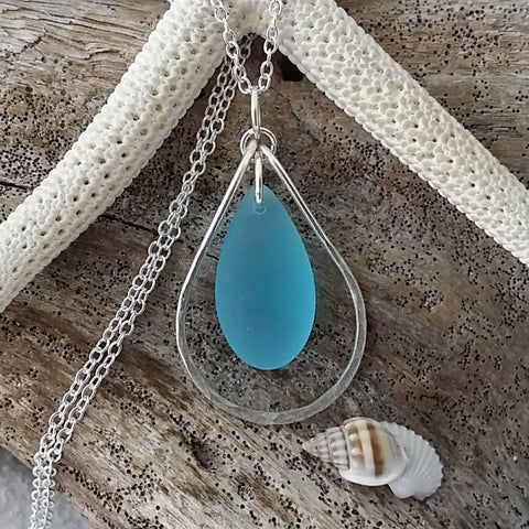 Hawaiian Jewelry Sea Glass Necklace, Wire Loop Turquoise Blue Necklace, Unique Sea Glass Jewelry Birthday Gift (December Birthstone Jewelry)