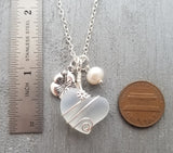 Hawaiian Jewelry Sea Glass Necklace, Wire Heart Necklace Moonstone Necklace Hibiscus Pearl Necklace, Sea Glass Jewelry (June Birthstone)
