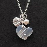 Hawaiian Jewelry Sea Glass Necklace, Wire Heart Necklace Moonstone Necklace Hibiscus Pearl Necklace, Sea Glass Jewelry (June Birthstone)