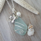 Hawaiian Jewelry Sea Glass Necklace, Wire Wrapped Seafoam Necklace, Pearl "Hawaiian State Flower" Hibiscus Necklace, Beach Sea Glass Jewelry