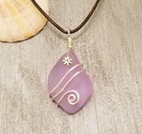 Hawaiian Jewelry Sea Glass Necklace, Wire "Magical Color Changing" Purple Necklace Leather Cord Necklace, Beach Jewelry(February Birthstone)