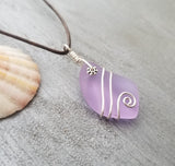 Hawaiian Jewelry Sea Glass Necklace, Wire "Magical Color Changing" Purple Necklace Leather Cord Necklace, Beach Jewelry(February Birthstone)