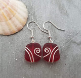 Hawaiian Jewelry Sea Glass Earrings, Wire Red Earrings, Sea Glass Jewelry Beach Jewelry Birthday Gift For Women (January Birthstone Jewelry)