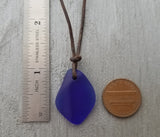 Hawaiian Jewelry Sea Glass Necklace, Puff Cobalt Blue Necklace Leather Cord Necklace, Unisex Jewelry Birthday Gift (September Birthstone)