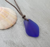 Hawaiian Jewelry Sea Glass Necklace, Puff Cobalt Blue Necklace Leather Cord Necklace, Unisex Jewelry Birthday Gift (September Birthstone)