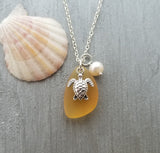 Hawaiian Jewelry Sea Glass Necklace, Turtle Necklace Topaz Yellow Necklace Unique Beach Sea Glass Jewelry Birthday Gift(November Birthstone)
