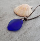 Hawaiian Jewelry Sea Glass Necklace, Puff Cobalt Blue Necklace Leather Cord Necklace, Unisex Jewelry Birthday Gift (September Birthstone)