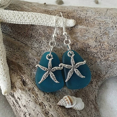 Hawaiian Jewelry Sea Glass Earrings, Twin Starfish Earrings Teal Earrings, Beach Jewelry For Women, Unique Earrings Ocean Sea Glass Jewelry