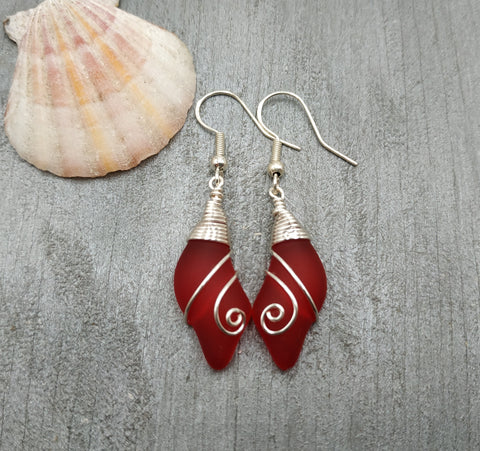 Hawaiian Jewelry Sea Glass Earrings, Wire Wave Earrings Ruby Red Earrings, Beach Sea Glass Jewelry Birthday Gift (July Birthstone Jewelry)