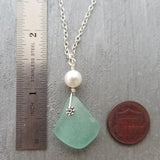 Hawaiian Jewelry Sea Glass Necklace, Aquamarine Necklace Pearl Necklace, Genuine Surf Tumbled Sea Glass Jewelry (March Birthstone Jewelry)