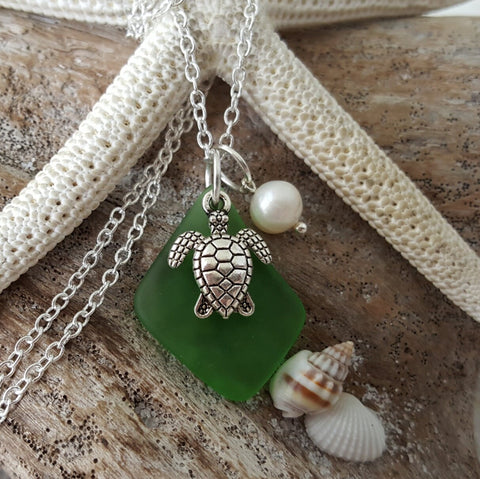 Hawaiian Jewelry Sea Glass Necklace, Emerald Necklace Green Necklace, Turtle Necklace Pearl Necklace, Beach Jewelry (May Birthstone Jewelry)
