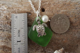 Hawaiian Jewelry Sea Glass Necklace, Emerald Necklace Green Necklace, Turtle Necklace Pearl Necklace, Beach Jewelry (May Birthstone Jewelry)