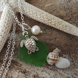 Hawaiian Jewelry Sea Glass Necklace, Emerald Necklace Green Necklace, Turtle Necklace Pearl Necklace, Beach Jewelry (May Birthstone Jewelry)