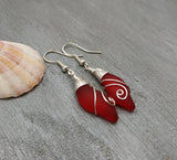 Hawaiian Jewelry Sea Glass Earrings, Wire Wave Earrings Ruby Red Earrings, Beach Sea Glass Jewelry Birthday Gift (July Birthstone Jewelry)