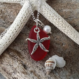 Hawaiian Jewelry Sea Glass Necklace, Red Necklace Starfish Necklace Pearl Necklace, Sea Glass Jewelry Fun Beach Jewelry (January Birthstone)